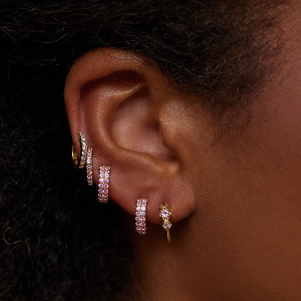 Jennifer Meyer Mini Graduated Pink Sapphire Hoops in 18K Yellow Gold | Fine Earrings | Coveti