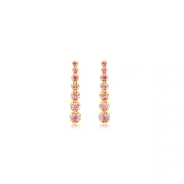 Jennifer Meyer Mini Graduated Pink Sapphire Tennis Studs in 18K Yellow Gold | Fine Earrings | Coveti