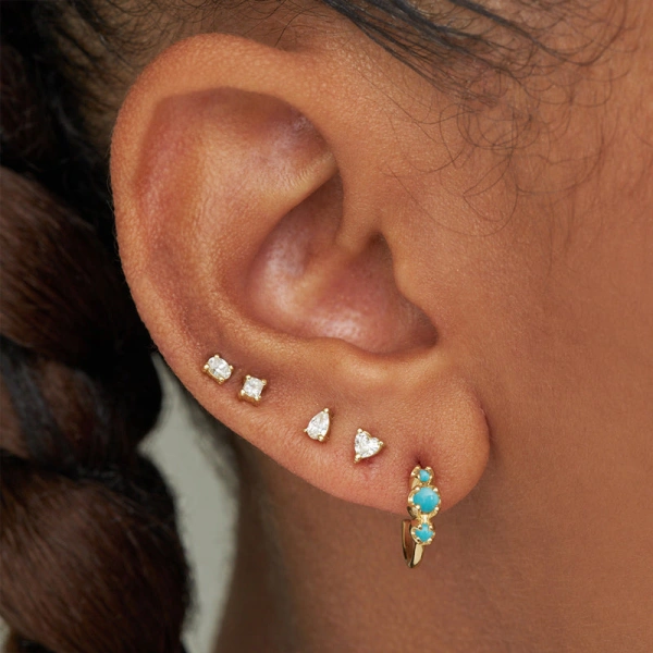Jennifer Meyer Mini Graduated Turquoise Hoops in 18K Yellow Gold | Fine Earrings | Coveti