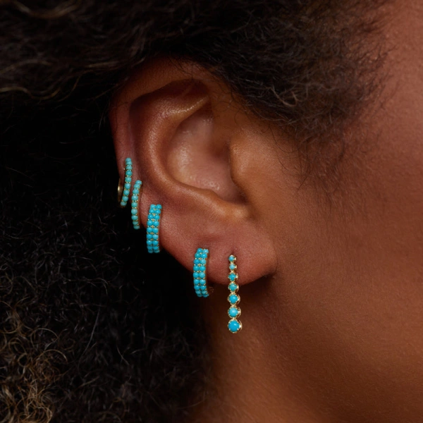 Jennifer Meyer Mini Graduated Turquoise Tennis Studs in 18K Yellow Gold | Fine Earrings | Coveti