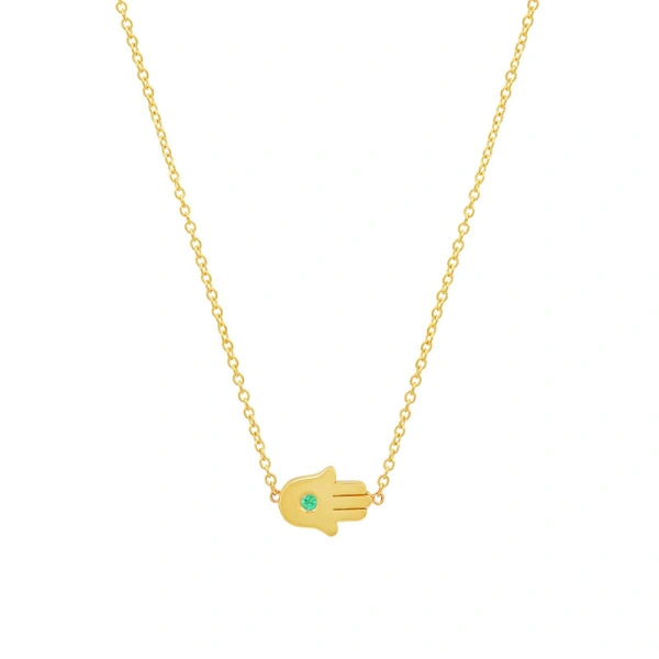 Jennifer Meyer Mini Hamsa Necklace with Emerald Center in 18K Yellow Gold | Fine Necklaces | Coveti