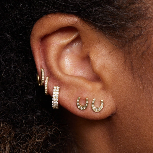 Jennifer Meyer Mini Horseshoe Studs with Diamond Accents in 18K Yellow Gold | Fine Earrings | Coveti