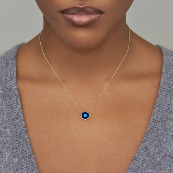 Jennifer Meyer Mini Lapis Inlay Evil Eye Necklace in 18K Yellow Gold | Fine Necklaces | Coveti