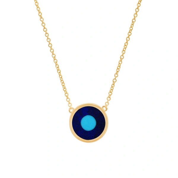 Jennifer Meyer Mini Lapis Inlay Evil Eye Necklace in 18K Yellow Gold | Fine Necklaces | Coveti