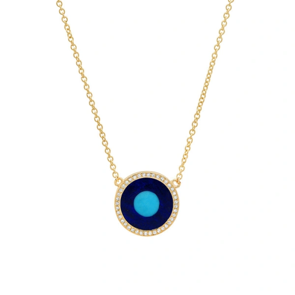 Jennifer Meyer Mini Lapis Inlay Evil Eye Necklace with Diamonds in 18K Yellow Gold | Fine Necklaces | Coveti