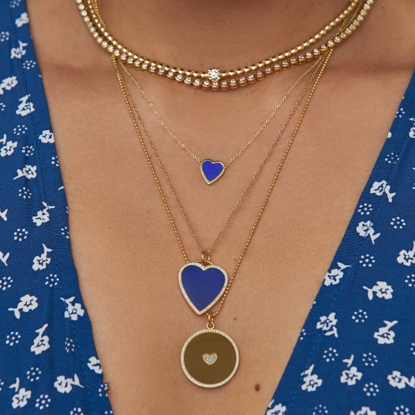 Jennifer Meyer Mini Lapis Inlay Heart Necklace in 18K Yellow Gold | Fine Necklaces | Coveti