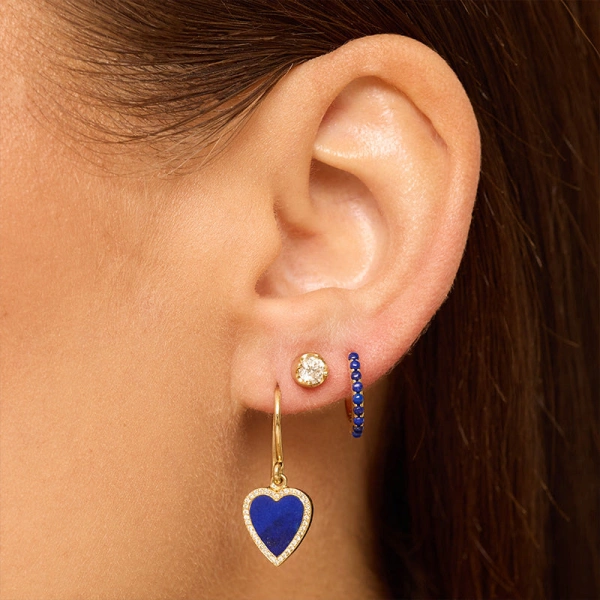 Jennifer Meyer Mini Lapis Inlay Heart with Diamond Pave Earrings in 18K Yellow Gold | Fine Earrings | Coveti