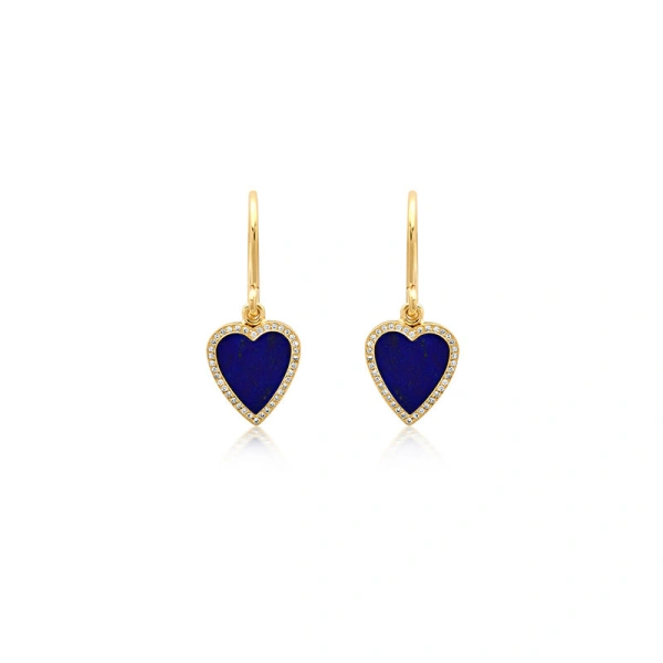 Jennifer Meyer Mini Lapis Inlay Heart with Diamond Pave Earrings in 18K Yellow Gold | Fine Earrings | Coveti