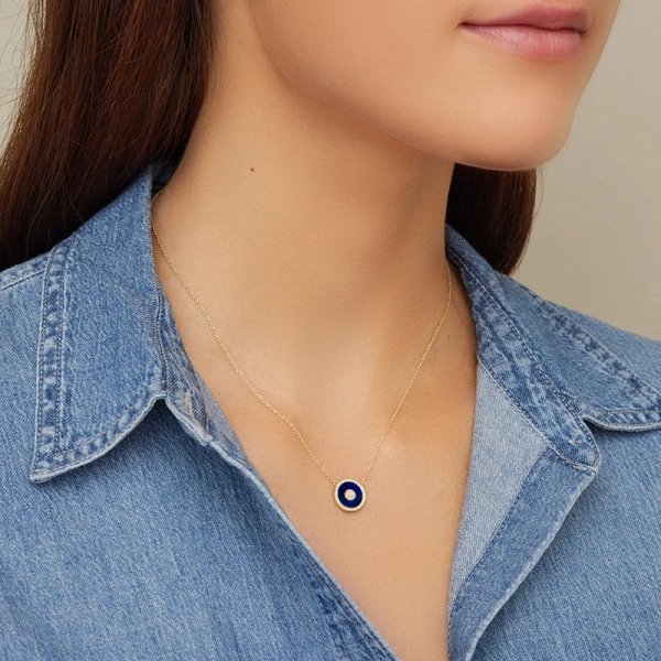 Jennifer Meyer Mini Lapis and Diamond Inlay Evil Eye Necklace in 18K Yellow Gold | Fine Necklaces | Coveti