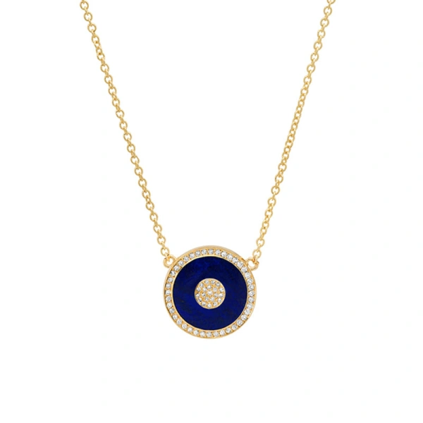 Jennifer Meyer Mini Lapis and Diamond Inlay Evil Eye Necklace in 18K Yellow Gold | Fine Necklaces | Coveti