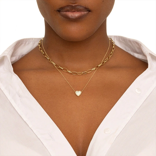Jennifer Meyer Mini Mother of Pearl Inlay Heart Necklace with Diamonds in 18K Yellow Gold | Fine Necklaces | Coveti