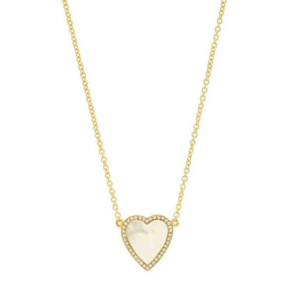 Jennifer Meyer Mini Mother of Pearl Inlay Heart Necklace with Diamonds in 18K Yellow Gold | Fine Necklaces | Coveti