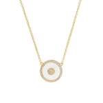 Jennifer Meyer Mini Mother of Pearl and Diamond Inlay Evil Eye Necklace in 18K Yellow Gold | Fine Necklaces | Coveti