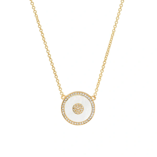 Jennifer Meyer Mini Mother of Pearl and Diamond Inlay Evil Eye Necklace in 18K Yellow Gold | Fine Necklaces | Coveti