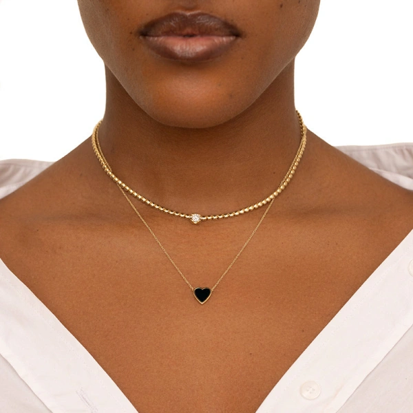 Jennifer Meyer Mini Onyx Inlay Heart Necklace in 18K Yellow Gold | Fine Necklaces | Coveti
