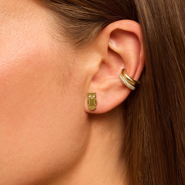 Jennifer Meyer Mini Owl Studs in 18K Yellow Gold | Fine Earrings | Coveti