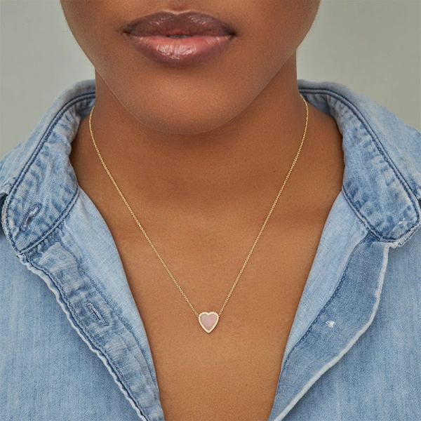 Jennifer Meyer Mini Pink Opal Inlay Heart Necklace with Diamonds in 18K Yellow Gold | Fine Necklaces | Coveti