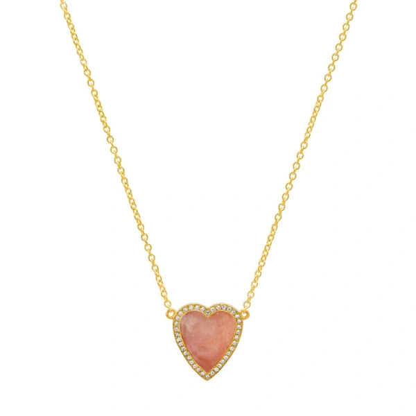 Jennifer Meyer Mini Pink Opal Inlay Heart Necklace with Diamonds in 18K Yellow Gold | Fine Necklaces | Coveti