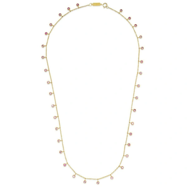 Jennifer Meyer Mini Pink Sapphire Bezel Dangle By The Inch Necklace in 18K Yellow Gold | Fine Necklaces | Coveti