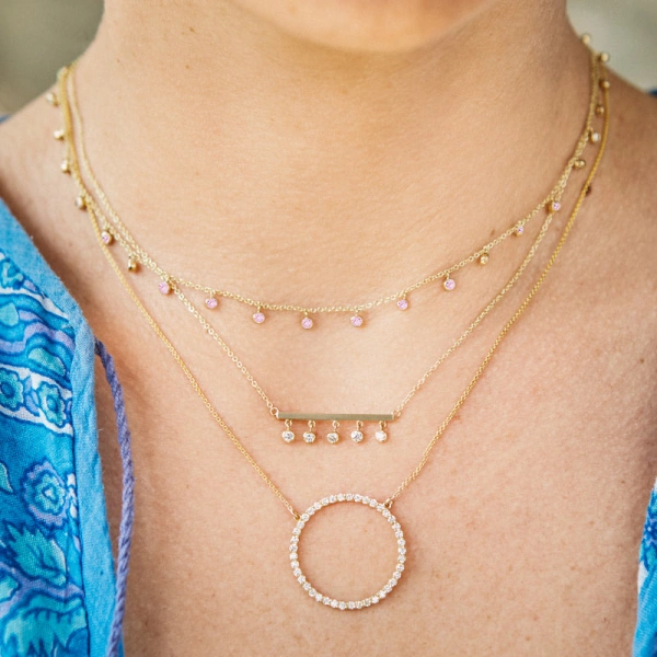 Jennifer Meyer Mini Pink Sapphire Bezel Dangle By The Inch Necklace in 18K Yellow Gold | Fine Necklaces | Coveti