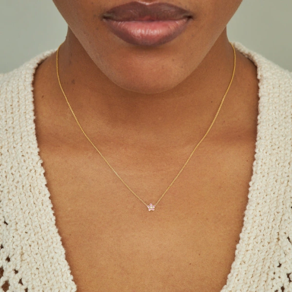 Jennifer Meyer Mini Pink Sapphire Flower Necklace with Diamond Center in 18K Yellow Gold | Fine Necklaces | Coveti