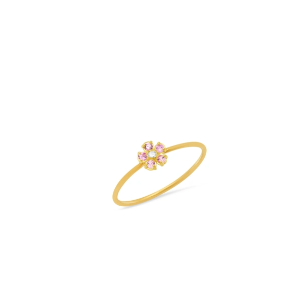 Jennifer Meyer Mini Pink Sapphire Flower Ring with Diamond Center in 18K Yellow Gold | Fine Rings | Coveti