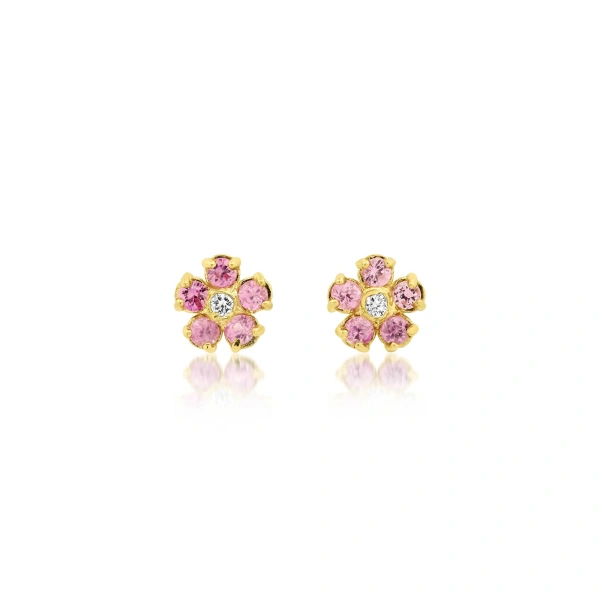 Jennifer Meyer Mini Pink Sapphire Flower Studs with Diamond Center in 18K Yellow Gold | Fine Earrings | Coveti