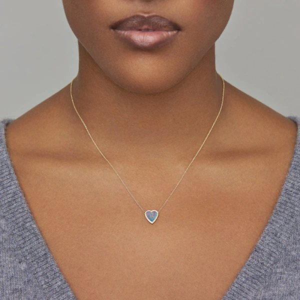 Jennifer Meyer Mini Red Boulder Opal Inlay Heart Necklace with Diamonds in 18K Yellow Gold | Fine Necklaces | Coveti