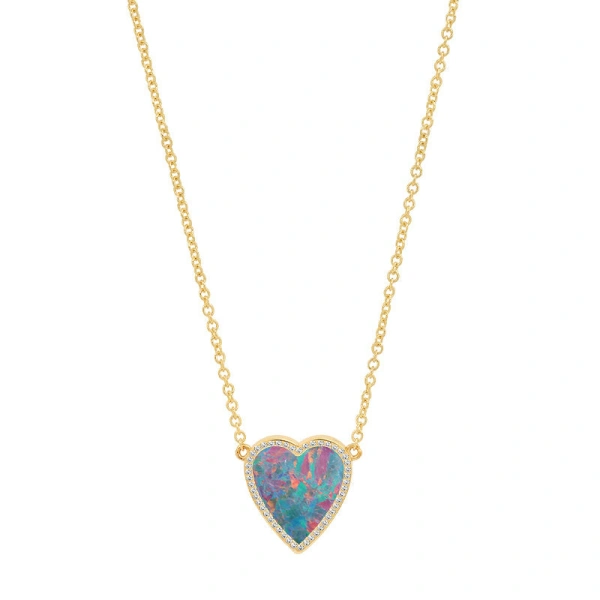 Jennifer Meyer Mini Red Boulder Opal Inlay Heart Necklace with Diamonds in 18K Yellow Gold | Fine Necklaces | Coveti