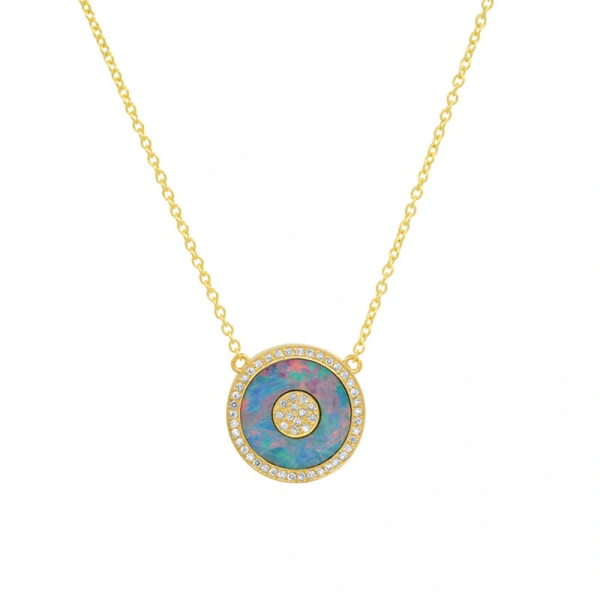 Jennifer Meyer Mini Red Boulder Opal and Diamond Inlay Evil Eye Necklace in 18K Yellow Gold | Fine Necklaces | Coveti