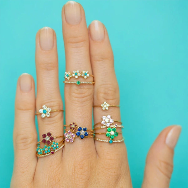 Jennifer Meyer Mini Ruby Flower Ring with Diamond Center in 18K Yellow Gold | Fine Rings | Coveti