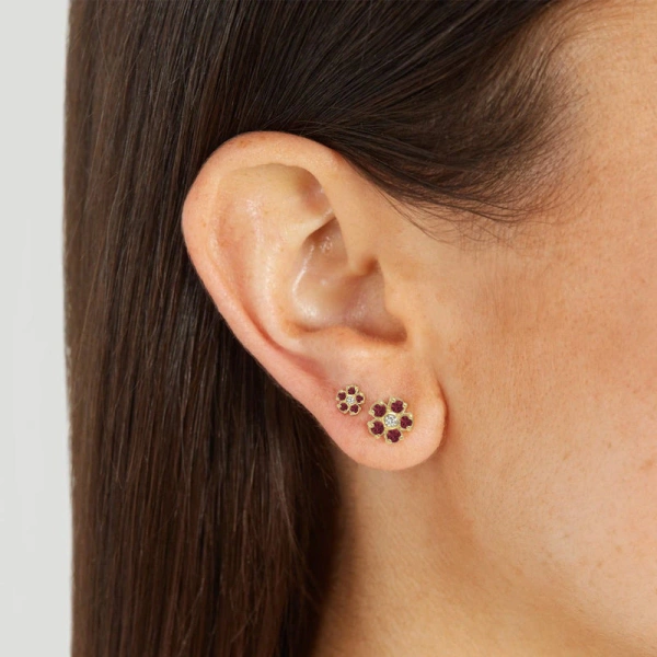 Jennifer Meyer Mini Ruby Flower Studs with Diamond Center in 18K Yellow Gold | Fine Earrings | Coveti