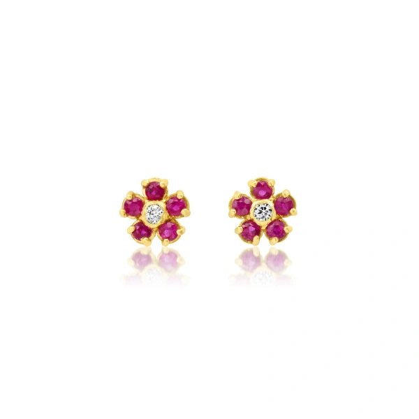 Jennifer Meyer Mini Ruby Flower Studs with Diamond Center in 18K Yellow Gold | Fine Earrings | Coveti