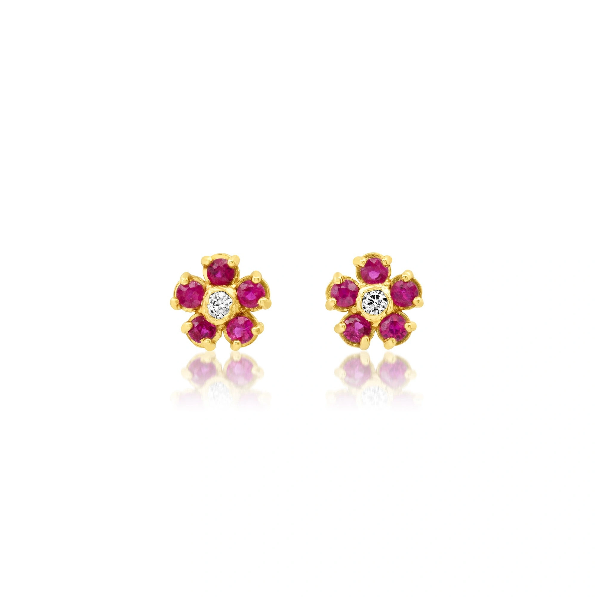 Jennifer Meyer Mini Ruby Flower Studs with Diamond Center in 18K Yellow Gold Jennifer Meyer Mini Ruby Flower Studs with Diamond Center in 18K Yellow Gold | Fine Earrings | Coveti