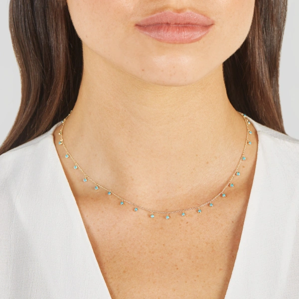 Jennifer Meyer Mini Turquoise Bezel Dangle By the Inch Necklace in 18K Yellow Gold | Fine Necklaces | Coveti