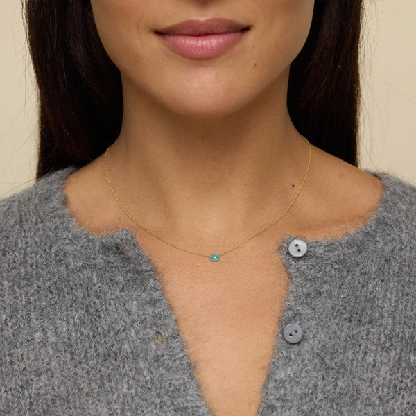 Jennifer Meyer Mini Turquoise Flower Necklace with Diamond Center in 18K Yellow Gold | Fine Necklaces | Coveti
