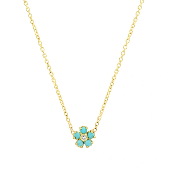Jennifer Meyer Mini Turquoise Flower Necklace with Diamond Center in 18K Yellow Gold | Fine Necklaces | Coveti