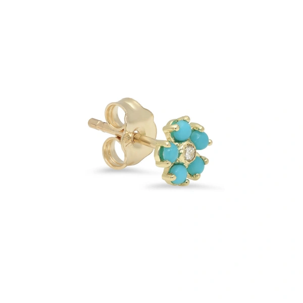 Jennifer Meyer Mini Turquoise Flower Studs with Diamond Center in 18K Yellow Gold | Fine Earrings | Coveti