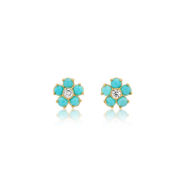 Mini Turquoise Flower Studs with Diamond Center in 18K Yellow Gold