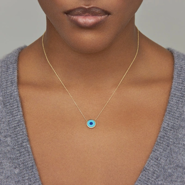 Jennifer Meyer Mini Turquoise Inlay Evil Eye Necklace in 18K Yellow Gold | Fine Necklaces | Coveti