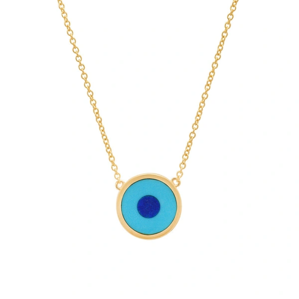 Jennifer Meyer Mini Turquoise Inlay Evil Eye Necklace in 18K Yellow Gold | Fine Necklaces | Coveti