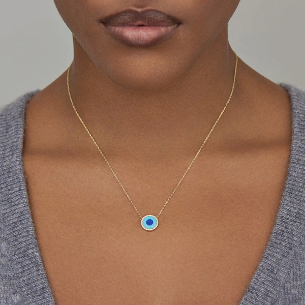 Jennifer Meyer Mini Turquoise Inlay Evil Eye Necklace with Diamonds in 18K Yellow Gold | Fine Necklaces | Coveti