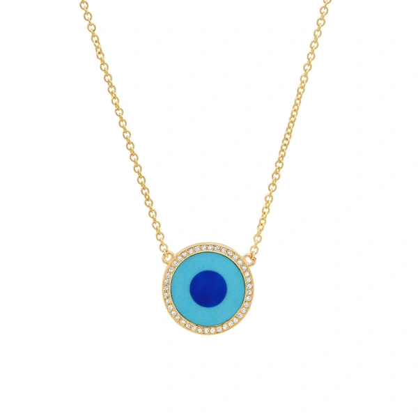 Jennifer Meyer Mini Turquoise Inlay Evil Eye Necklace with Diamonds in 18K Yellow Gold | Fine Necklaces | Coveti