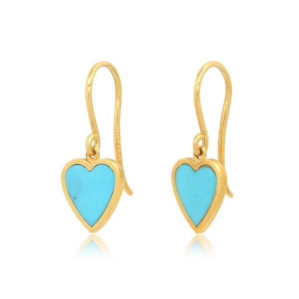 Jennifer Meyer Mini Turquoise Inlay Heart Drop Earrings in 18K Yellow Gold | Fine Earrings | Coveti