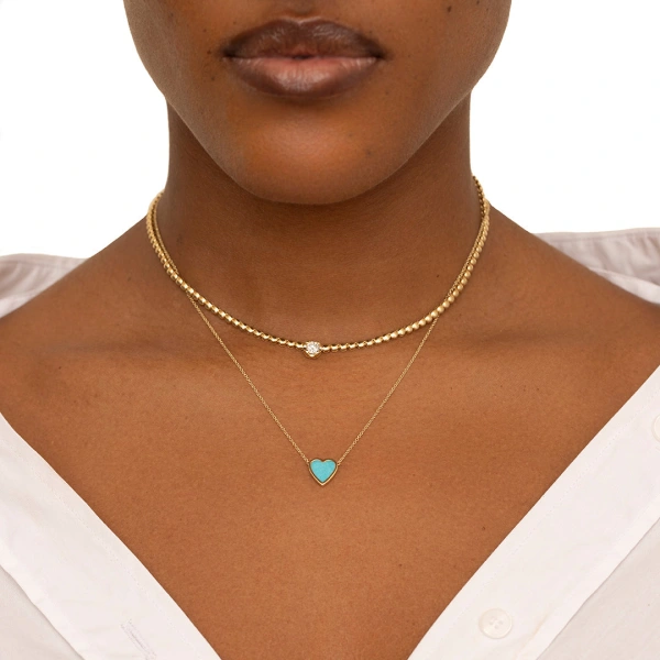 Jennifer Meyer Mini Turquoise Inlay Heart Necklace in 18K Yellow Gold | Fine Necklaces | Coveti