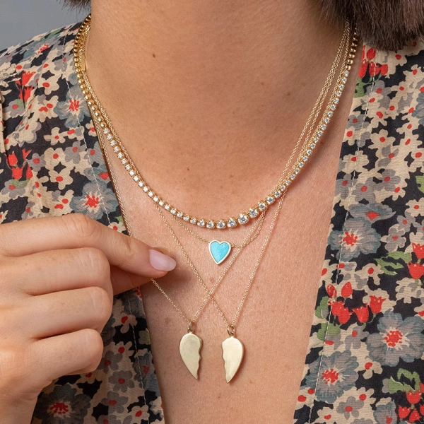 Jennifer Meyer Mini Turquoise Inlay Heart Necklace in 18K Yellow Gold | Fine Necklaces | Coveti