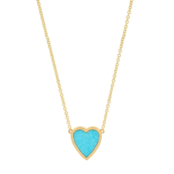 Jennifer Meyer Mini Turquoise Inlay Heart Necklace in 18K Yellow Gold | Fine Necklaces | Coveti