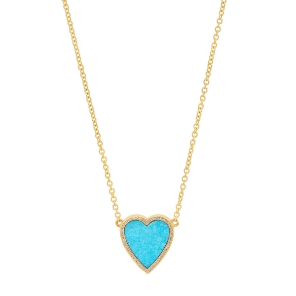 Jennifer Meyer Mini Turquoise Inlay Heart Necklace with Diamonds in 18K Yellow Gold | Fine Necklaces | Coveti