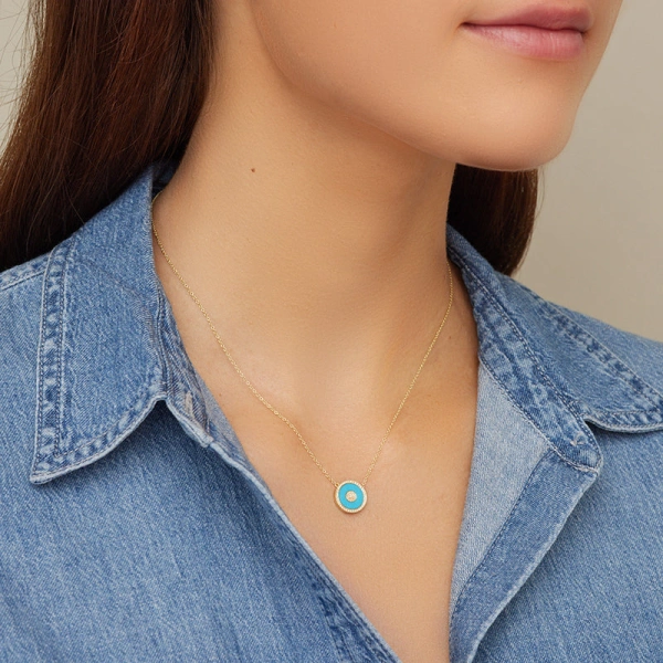 Jennifer Meyer Mini Turquoise and Diamond Inlay Evil Eye Necklace in 18K Yellow Gold | Fine Necklaces | Coveti