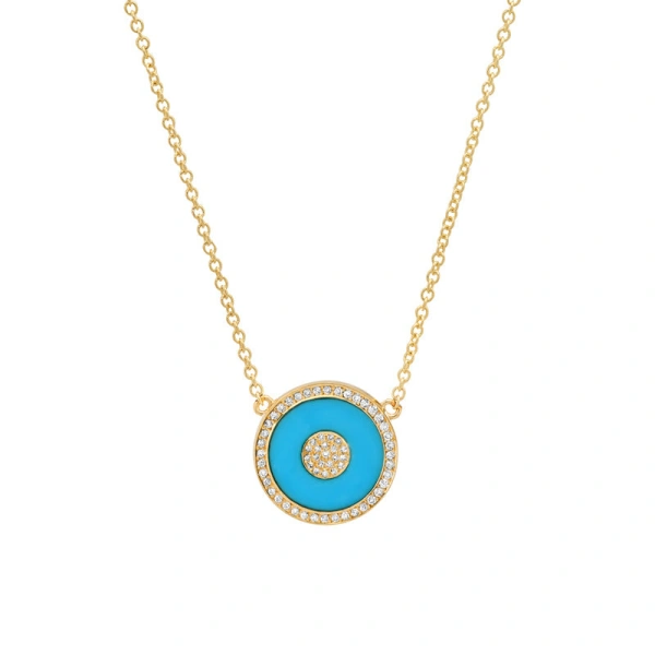 Jennifer Meyer Mini Turquoise and Diamond Inlay Evil Eye Necklace in 18K Yellow Gold | Fine Necklaces | Coveti